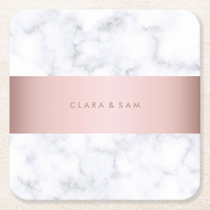 Dessous-de-verre Carré En Papier bande rose de faux d'or de marbre blanc élégant