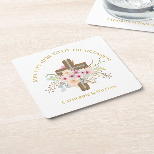 Dessous-de-verre Carré En Papier Baptême personnalisé et croix florale (Incliné)