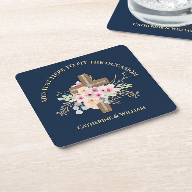 Dessous-de-verre Carré En Papier Baptême personnalisé et croix florale (Incliné)