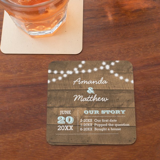 Dessous-de-verre Carré En Papier Barnwood Lights Aqua Mariage personnalisé (Créateur téléchargé)