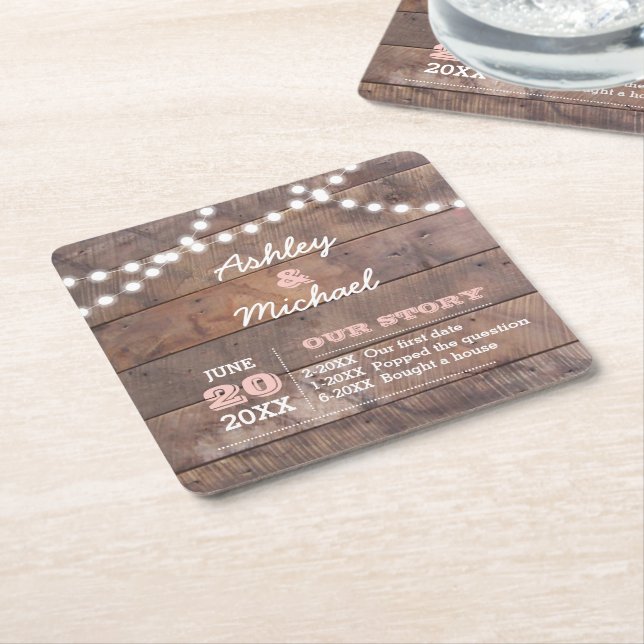 Dessous-de-verre Carré En Papier Barnwood Lights rose Mariage personnalisé (Incliné)