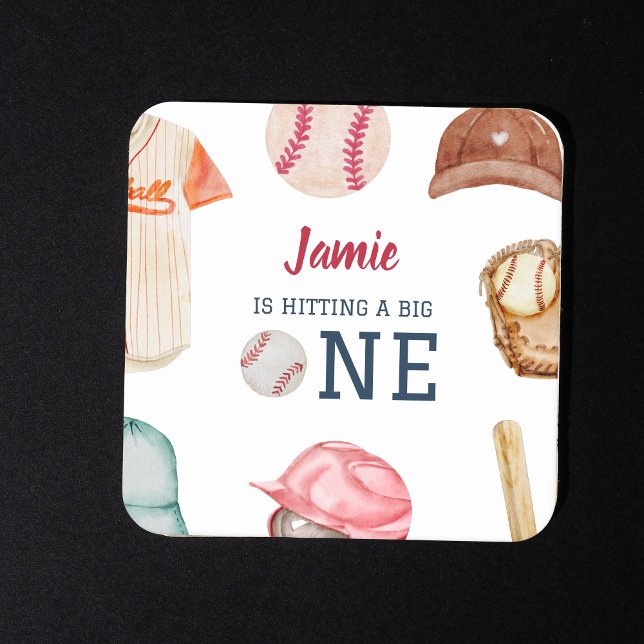 Dessous-de-verre Carré En Papier Baseball Big One Boy 1er Anniversaire (Hitting a Big One Baseball 1st Birthday Coaster)