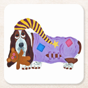 Dessous-de-verre Carré En Papier Basset Hound en pyjama avec ours en peluche
