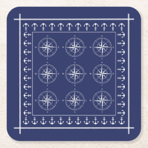 Dessous-de-verre Carré En Papier Bateaux nautiques Boussole et Ancres Bleu marine
