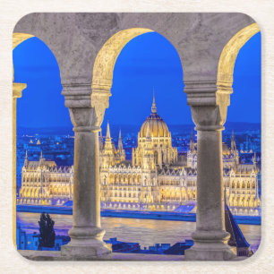 Dessous-de-verre Carré En Papier Bâtiment du Parlement hongrois au crépuscule
