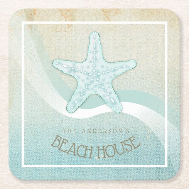 Dessous-de-verre Carré En Papier Beach House Nautical Starfish Aqua Blue ID623 (Devant)