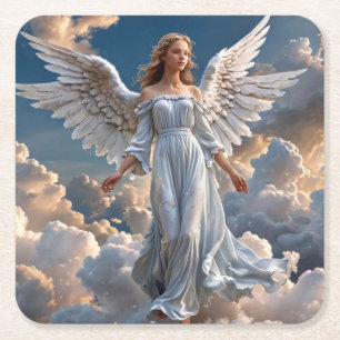 Dessous-de-verre Carré En Papier Beau ange avec ailes flottant au-dessus des nuages