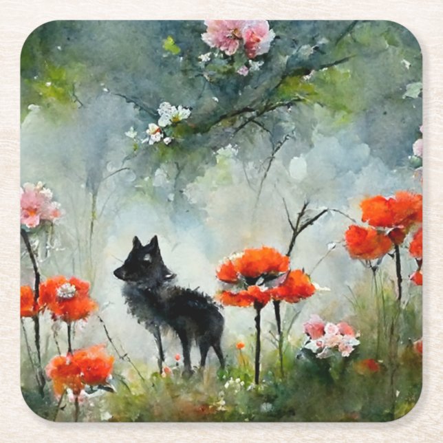 Dessous-de-verre Carré En Papier Beau animal sauvage à fleurs (Devant)