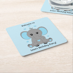 Dessous-de-verre Carré En Papier Beau éléphant en bleu pour l'anniversaire des garç
