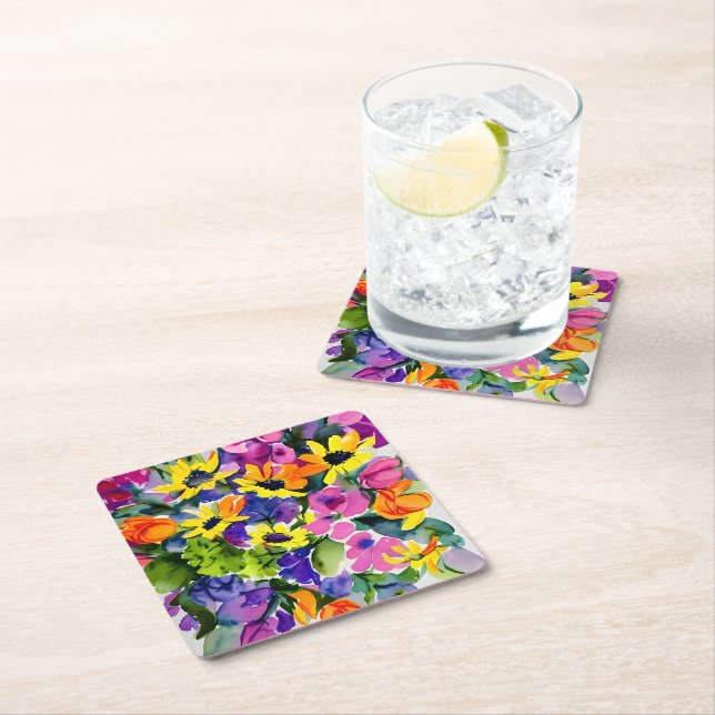 Dessous-de-verre Carré En Papier Beau motif floral, jaune vif et rose, (En situation)