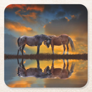 Dessous-de-verre Carré En Papier Beaux chevaux et l'eau Sunset Western