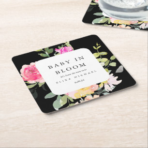 Dessous-de-verre Carré En Papier Bébé en Fleur Aquarelle Baby shower Floral Noir