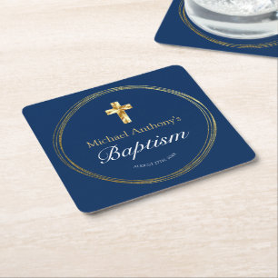 Dessous-de-verre Carré En Papier Bébé garçon Baptême Marine Croix Bleue Or