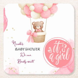 Dessous-de-verre Carré En Papier Bébé Ours rose Or Hot Air Baby shower