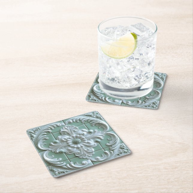 Dessous-de-verre Carré En Papier Belle Carreaux Embossés Blanc Vert clair (En situation)