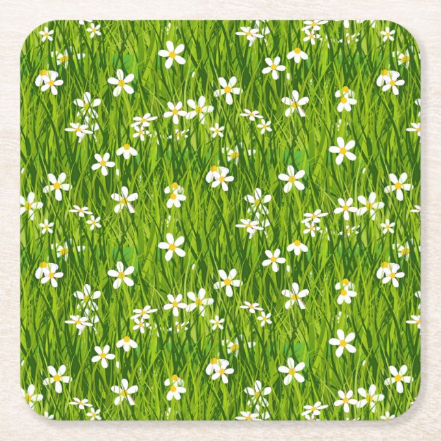Dessous-de-verre Carré En Papier Belles fleurs blanches sur Feuilles verts (Devant)