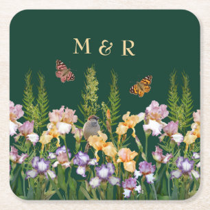 Dessous-de-verre Carré En Papier Belles Irises, Oiseaux Papillons Couple Monogramme