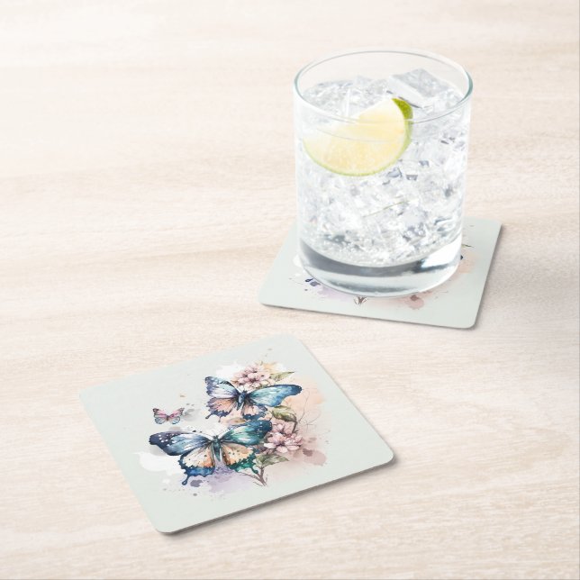 Dessous-de-verre Carré En Papier Belles papillons et fleurs (En situation)