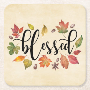 Dessous-de-verre Carré En Papier Béni En Calligraphie Noire Et Feuilles D'Automne