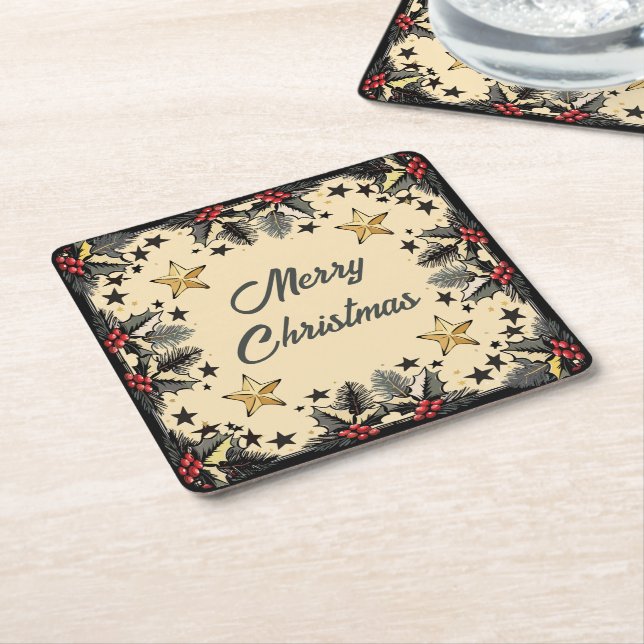 Dessous-de-verre Carré En Papier Berries Retro Holly et À feuillage persistant (Incliné)