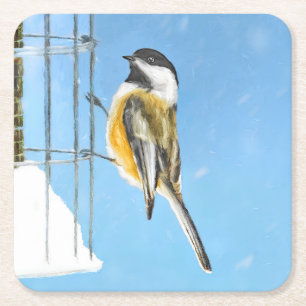 Dessous-de-verre Carré En Papier Bickadee sur la peinture d'alimentation - Oiseaux 