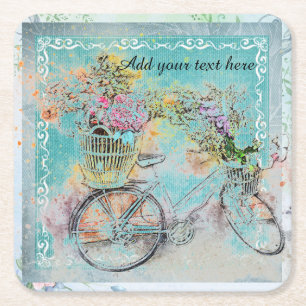 Dessous-de-verre Carré En Papier Bicycle with flower baskets on blue burlap