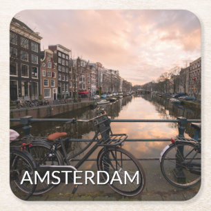 Dessous-de-verre Carré En Papier Bicyclettes au coucher du soleil à Amsterdam