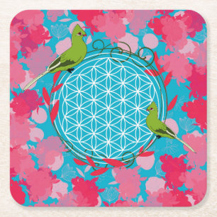 Dessous-de-verre Carré En Papier bird, flower of life,pink, flower, natural,sacred 