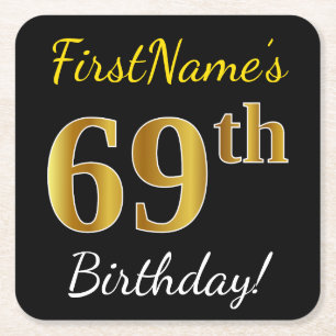 Dessous-de-verre Carré En Papier Black, Faux Gold 69e anniversaire + Nom personnali