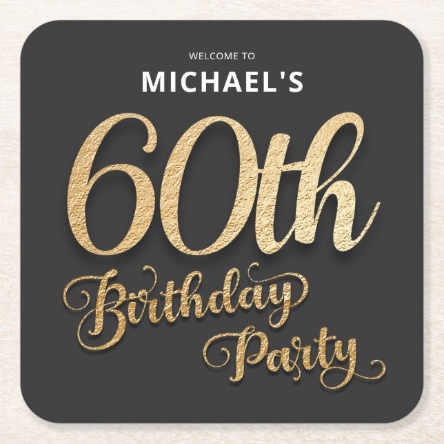 Dessous-de-verre Carré En Papier Black Gold Foil 60e fête d'anniversaire (Devant)
