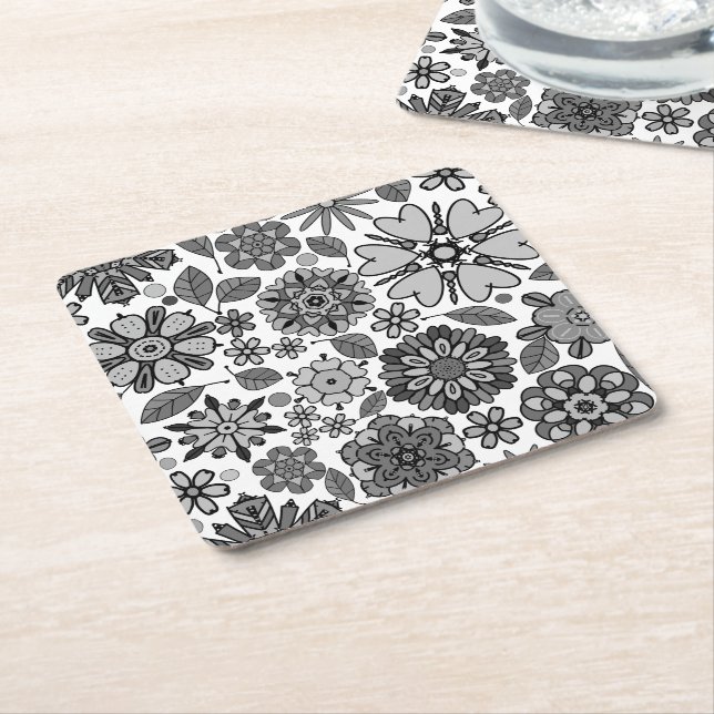 Dessous-de-verre Carré En Papier Black Gray White Retro Floral Art Seamless Pattern (Incliné)