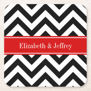 Dessous-de-verre Carré En Papier Black White LG Chevron Red Name monogram