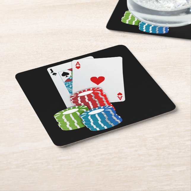 Dessous-de-verre Carré En Papier Blackjack avec jetons de poker (Incliné)
