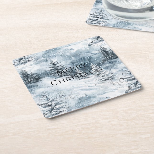 Dessous-de-verre Carré En Papier Blanc Bleu Arbres de Noël Neige d'hiver (Incliné)