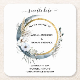 Dessous-de-verre Carré En Papier Blanc Bleu Or Floral Aquarelle Élégant Mariage 