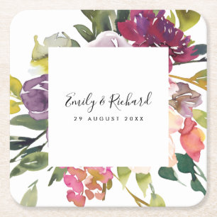 DESSOUS-DE-VERRE CARRÉ EN PAPIER BLANC CLAIR JAUNE BURGUNDY BURGUNDY FLORAL BUNCH