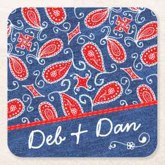 Dessous-de-verre Carré En Papier Blanc rouge floral mignon et blues-jean de Paisley