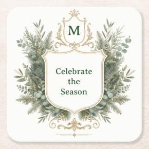 Dessous-de-verre Carré En Papier Blason Botanique Élégant Monogrammé de Fêtes