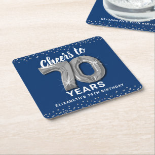 Dessous-de-verre Carré En Papier Bleu argent brille à 70 ans anniversaire