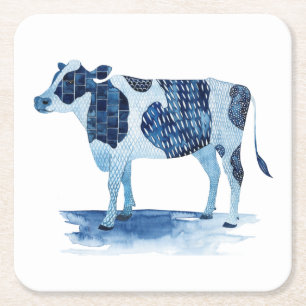 Dessous-de-verre Carré En Papier Bleu de cobalt Animaux de ferme - Vache