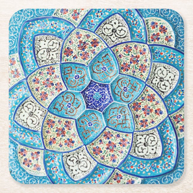 Dessous-de-verre Carré En Papier Bleu de turquoise marocain traditionnel, blanc, (Devant)