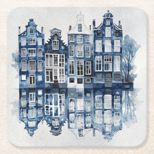 Dessous-de-verre Carré En Papier Bleu et blanc Delft maisons traditionnelles