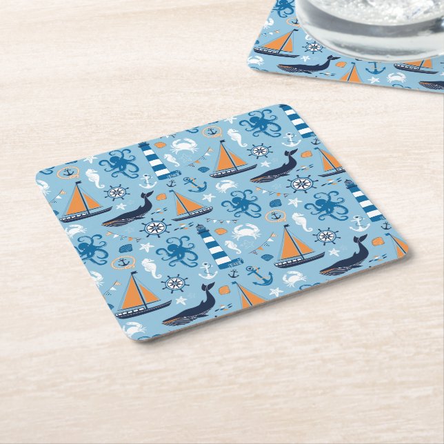 Dessous-de-verre Carré En Papier Bleu et orange d'océan nautiques (Incliné)