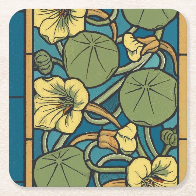 Dessous-de-verre Carré En Papier Bleu jaune Nasturtium Fleur Nouveau Motif (Devant)