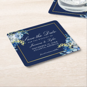 Dessous-de-verre Carré En Papier Bleu marine or floral élégant Save the Date