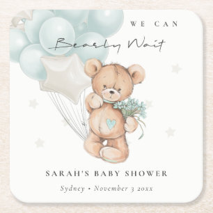 Dessous-de-verre Carré En Papier Bleu mou Baby shower à ballon d'ours d'attente