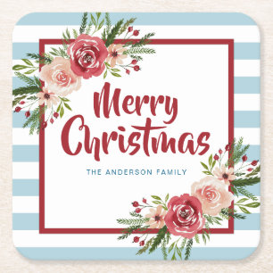 Dessous-de-verre Carré En Papier Bleu Rayures Aquarelle Fleurs Noël