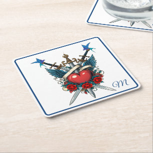 Dessous-de-verre Carré En Papier Bleu rouge floral du coeur nautique