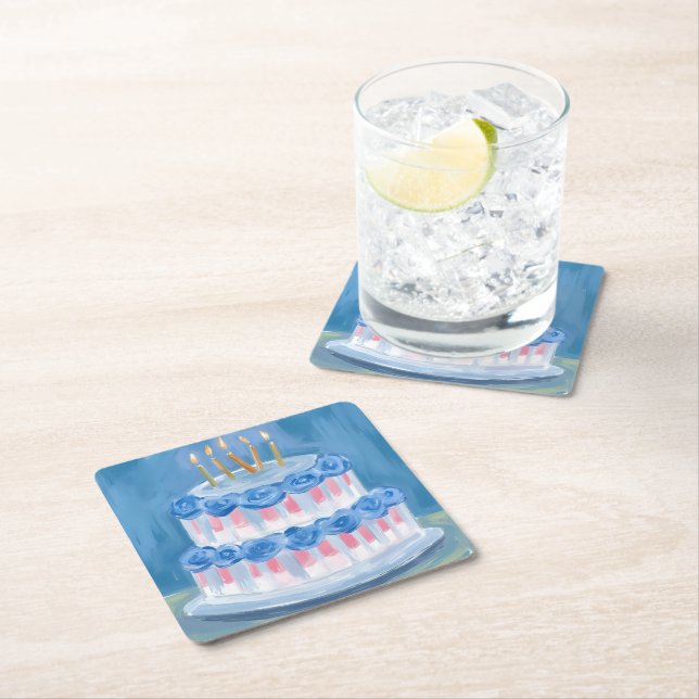 Dessous-de-verre Carré En Papier Blue Birthday Cake Watercolor Celebration Party (En situation)