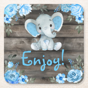 Dessous-de-verre Carré En Papier Blue Elephant Baby shower invitation, garçon rusti
